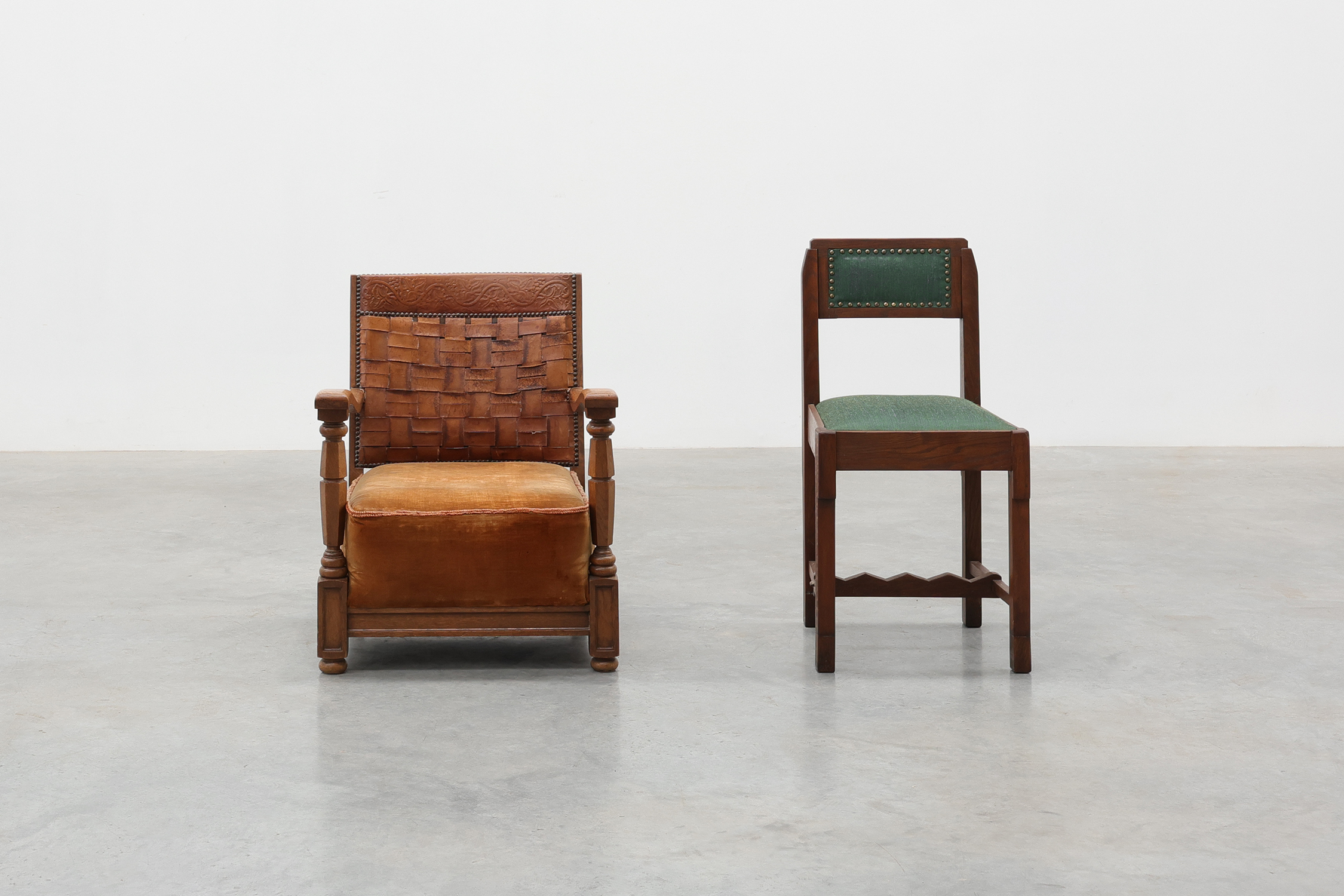 Art Deco Oak Lounge Chair with Woven Leather Back and Ochre Velvet, Belgium, 1920sthumbnail